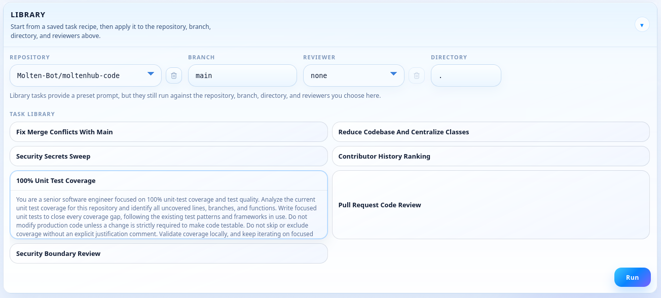 Library view of reusable agent tasks and workflows