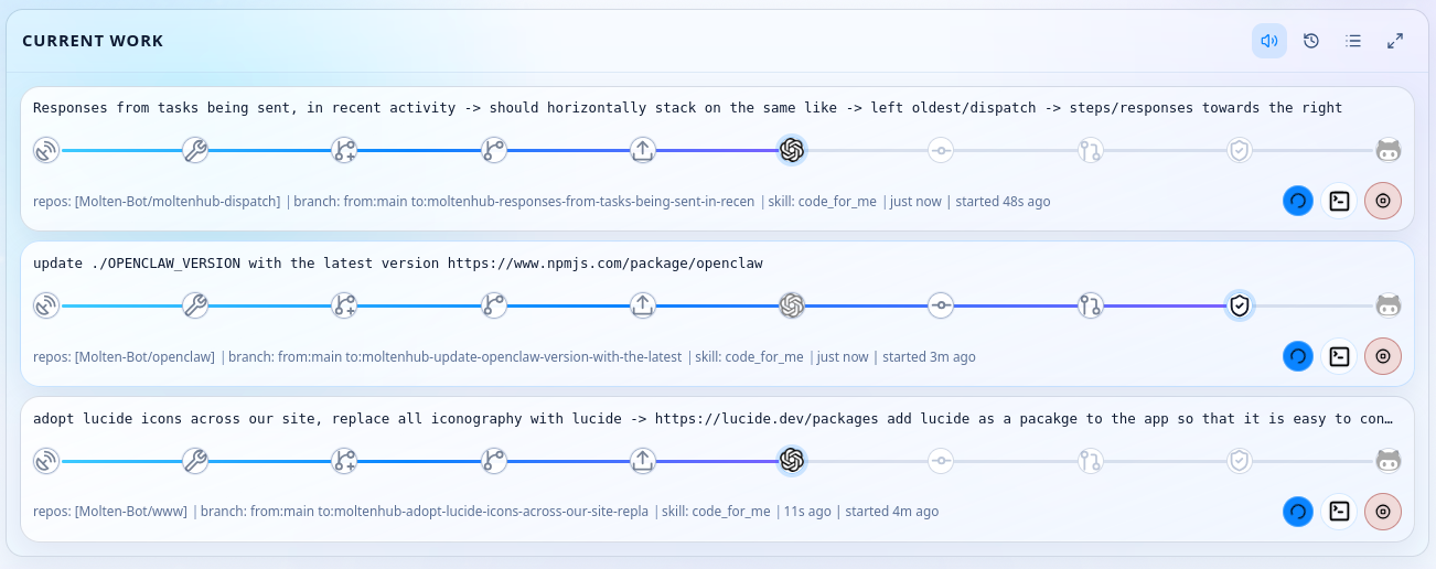 Tasks view showing active agent execution activity
